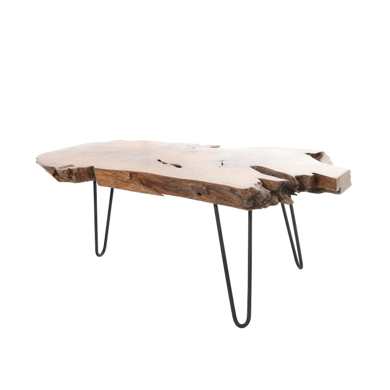 Table basse en teck massif brut faite à la main avec pieds en épingle à cheveux en métal noir - Marron