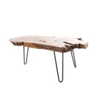 Table basse en teck massif brut faite à la main avec pieds en épingle à cheveux en métal noir - Marron
