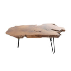 Table basse en teck massif brut faite à la main avec pieds en épingle à cheveux en métal noir - Marron