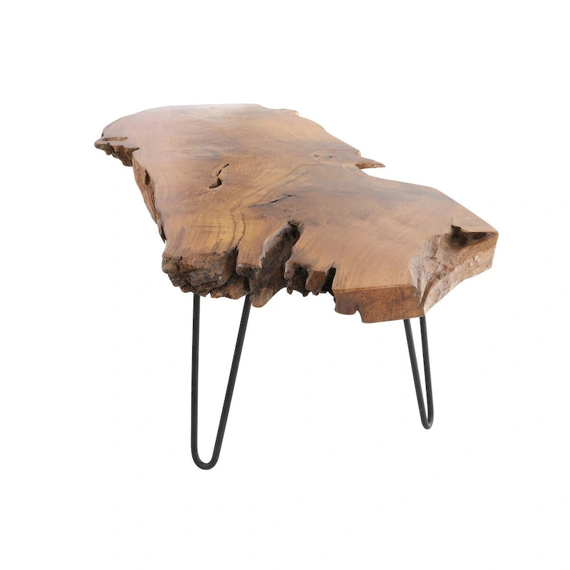Table basse en teck massif brut faite à la main avec pieds en épingle à cheveux en métal noir - Marron