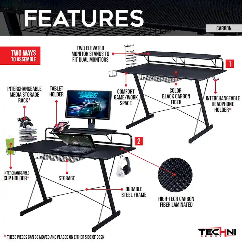 Carbon Computer Gaming Desk with Shelving