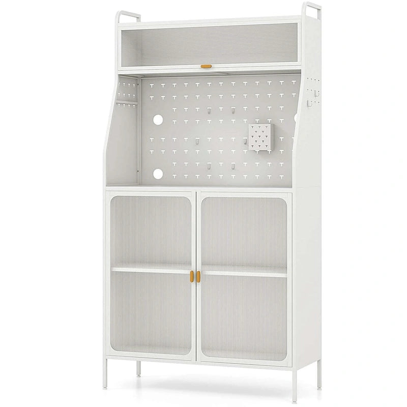 Étagère de cuisine à 5 niveaux avec armoire, panneau perforé et crochets – 161,3 cm H, blanc et or (capacité de 104,3 kg)