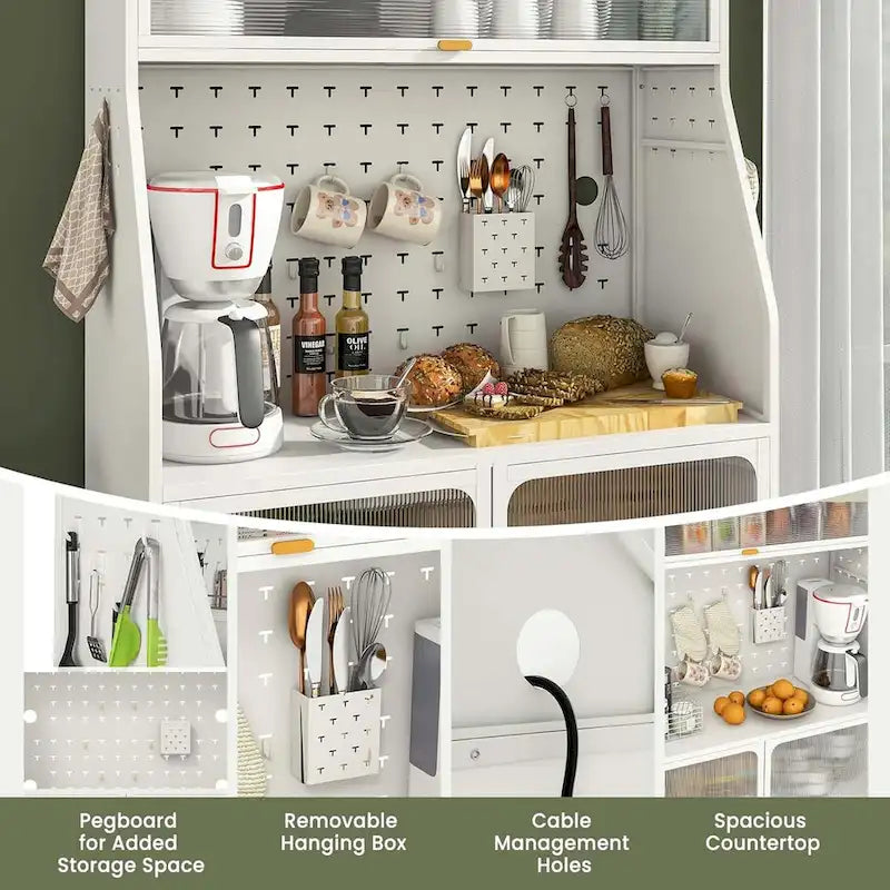 Étagère de cuisine à 5 niveaux avec armoire, panneau perforé et crochets – 161,3 cm H, blanc et or (capacité de 104,3 kg)