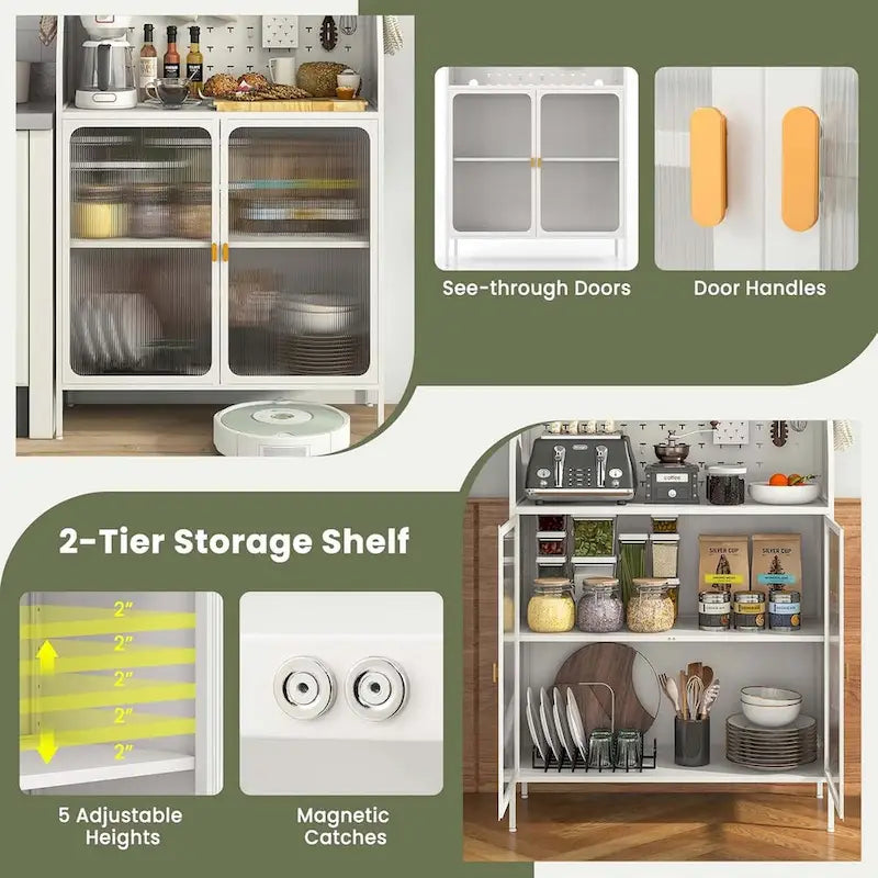 Étagère de cuisine à 5 niveaux avec armoire, panneau perforé et crochets – 161,3 cm H, blanc et or (capacité de 104,3 kg)