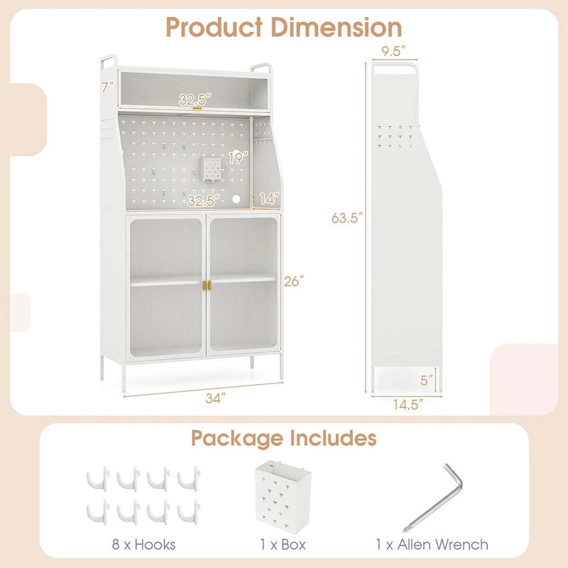 Étagère de cuisine à 5 niveaux avec armoire, panneau perforé et crochets – 161,3 cm H, blanc et or (capacité de 104,3 kg)