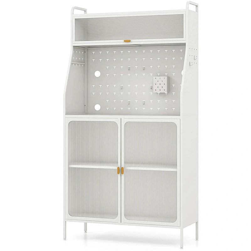 Étagère de cuisine à 5 niveaux avec armoire, panneau perforé et crochets – 161,3 cm H, blanc et or (capacité de 104,3 kg)
