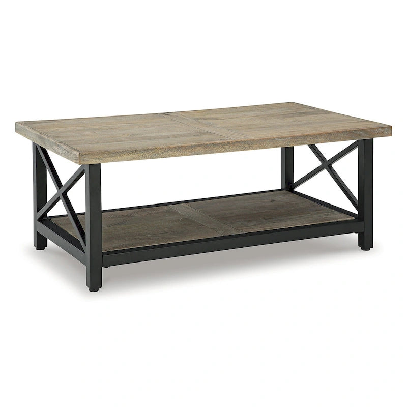 Table basse rustique en bois de manguier avec cadre en croix en métal noir et étagère inférieure – 117 cm (L) x 66 cm (P) x 46 cm (H)