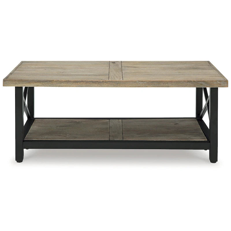 Table basse rustique en bois de manguier avec cadre en croix en métal noir et étagère inférieure – 117 cm (L) x 66 cm (P) x 46 cm (H)