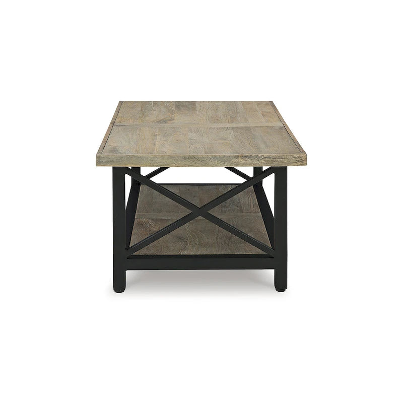 Table basse rustique en bois de manguier avec cadre en croix en métal noir et étagère inférieure – 117 cm (L) x 66 cm (P) x 46 cm (H)