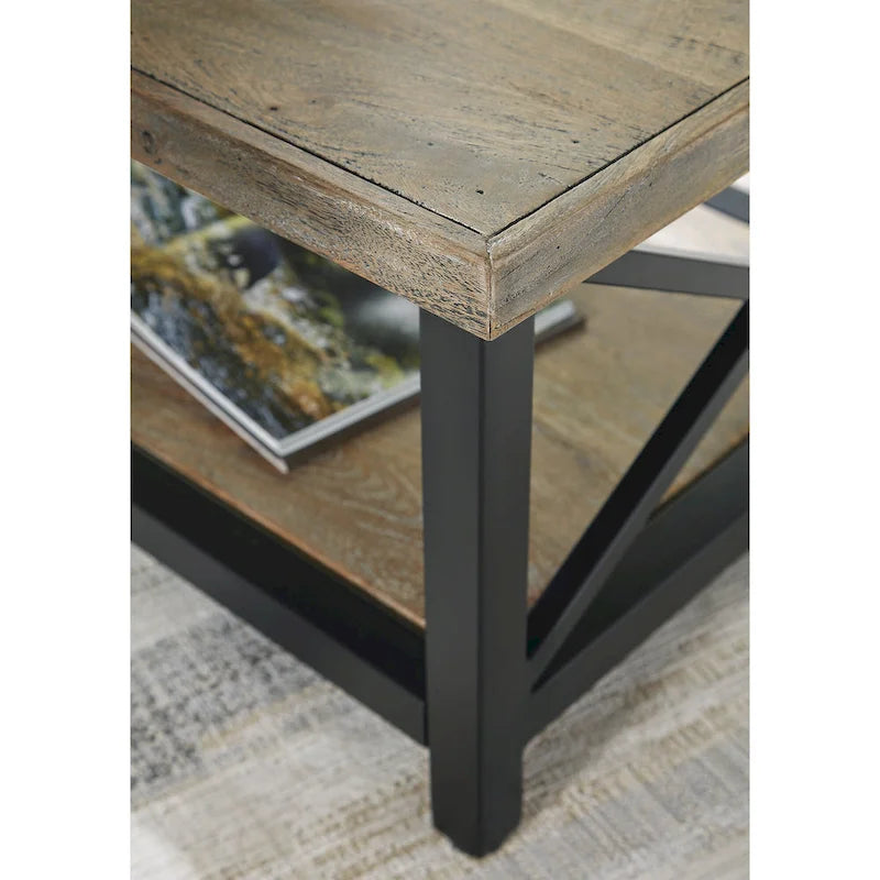 Table basse rustique en bois de manguier avec cadre en croix en métal noir et étagère inférieure – 117 cm (L) x 66 cm (P) x 46 cm (H)