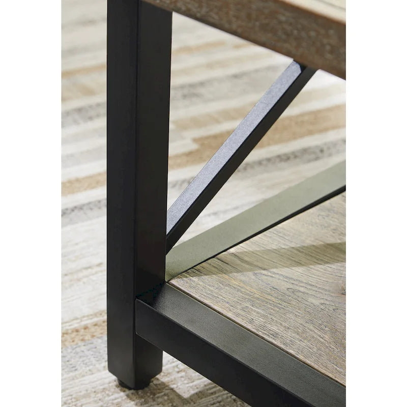 Table basse rustique en bois de manguier avec cadre en croix en métal noir et étagère inférieure – 117 cm (L) x 66 cm (P) x 46 cm (H)