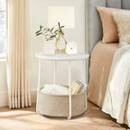 Table de chevet ronde avec panier en tissu de lin – Table d'appoint pour chambre à coucher ou chambre de bébé (beige/noir)