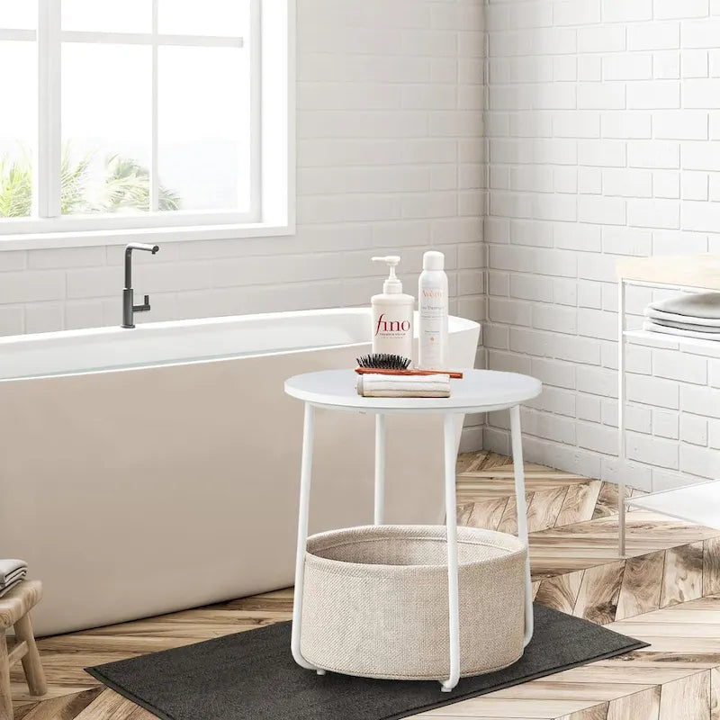 Table de chevet ronde avec panier en tissu de lin – Table d'appoint pour chambre à coucher ou chambre de bébé (beige/noir)