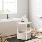 Table de chevet ronde avec panier en tissu de lin – Table d'appoint pour chambre à coucher ou chambre de bébé (beige/noir)