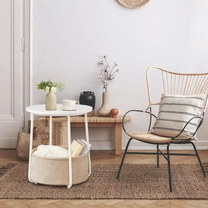 Table de chevet ronde avec panier en tissu de lin – Table d'appoint pour chambre à coucher ou chambre de bébé (beige/noir)
