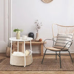 Table de chevet ronde avec panier en tissu de lin – Table d'appoint pour chambre à coucher ou chambre de bébé (beige/noir)