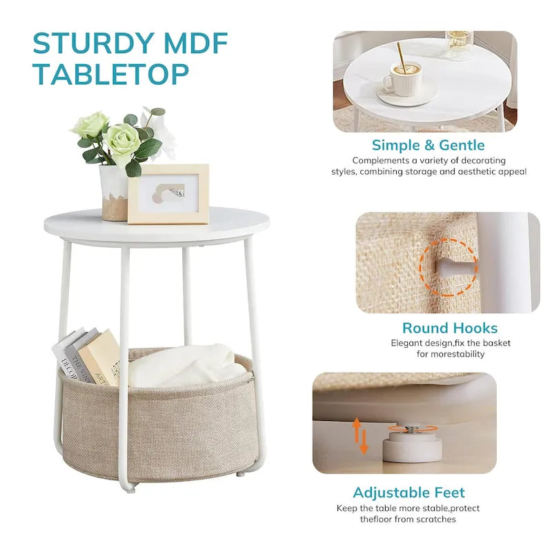 Table de chevet ronde avec panier en tissu de lin – Table d'appoint pour chambre à coucher ou chambre de bébé (beige/noir)