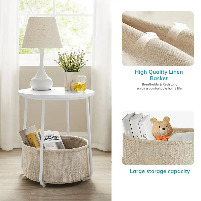 Table de chevet ronde avec panier en tissu de lin – Table d'appoint pour chambre à coucher ou chambre de bébé (beige/noir)