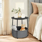 Table de chevet ronde avec panier en tissu de lin – Table d'appoint pour chambre à coucher ou chambre de bébé (beige/noir)