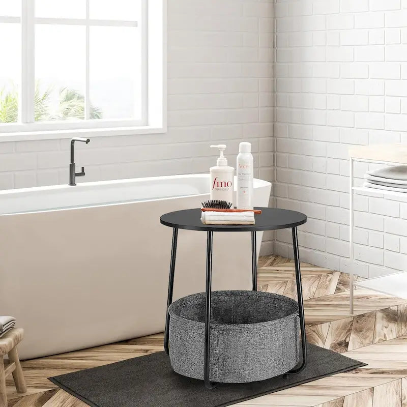 Table de chevet ronde avec panier en tissu de lin – Table d'appoint pour chambre à coucher ou chambre de bébé (beige/noir)