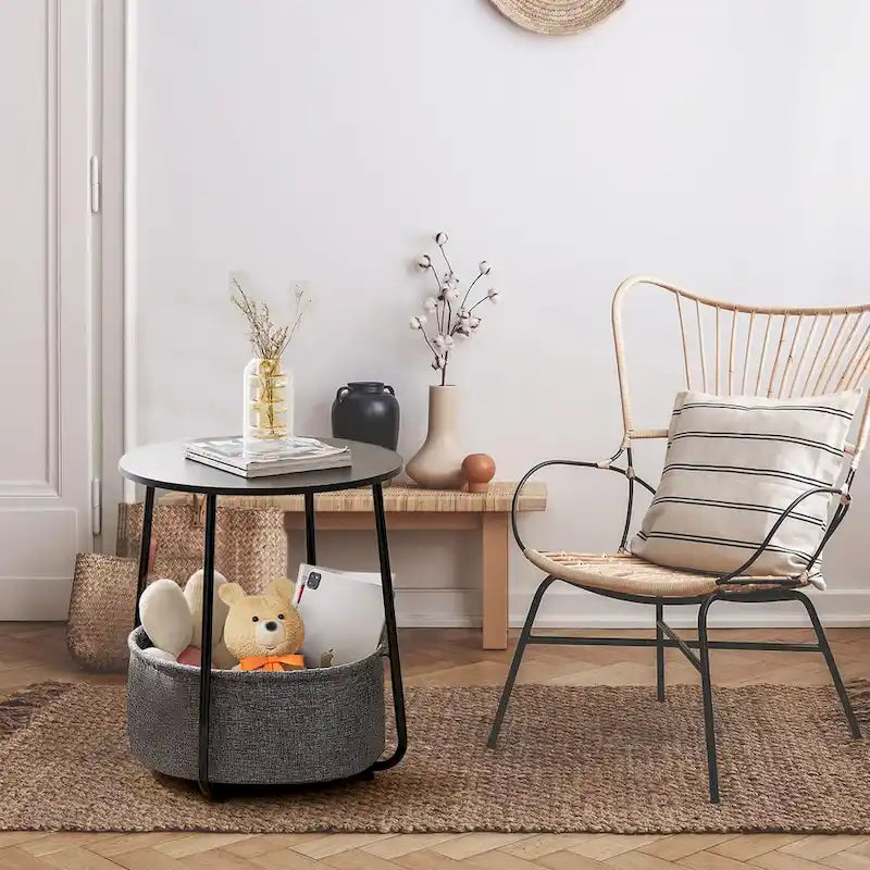 Table de chevet ronde avec panier en tissu de lin – Table d'appoint pour chambre à coucher ou chambre de bébé (beige/noir)