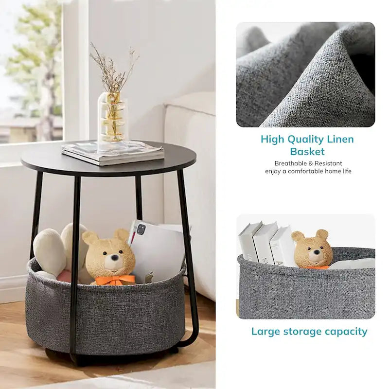 Table de chevet ronde avec panier en tissu de lin – Table d'appoint pour chambre à coucher ou chambre de bébé (beige/noir)