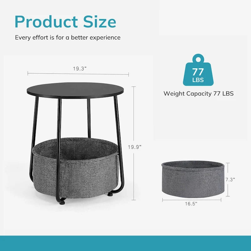 Table de chevet ronde avec panier en tissu de lin – Table d'appoint pour chambre à coucher ou chambre de bébé (beige/noir)