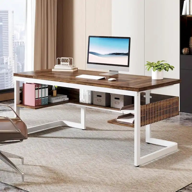 Bureau exécutif de 160 cm avec étagère de rangement – Finition bois vintage, bureau d'ordinateur résistant aux rayures pour bureau à domicile