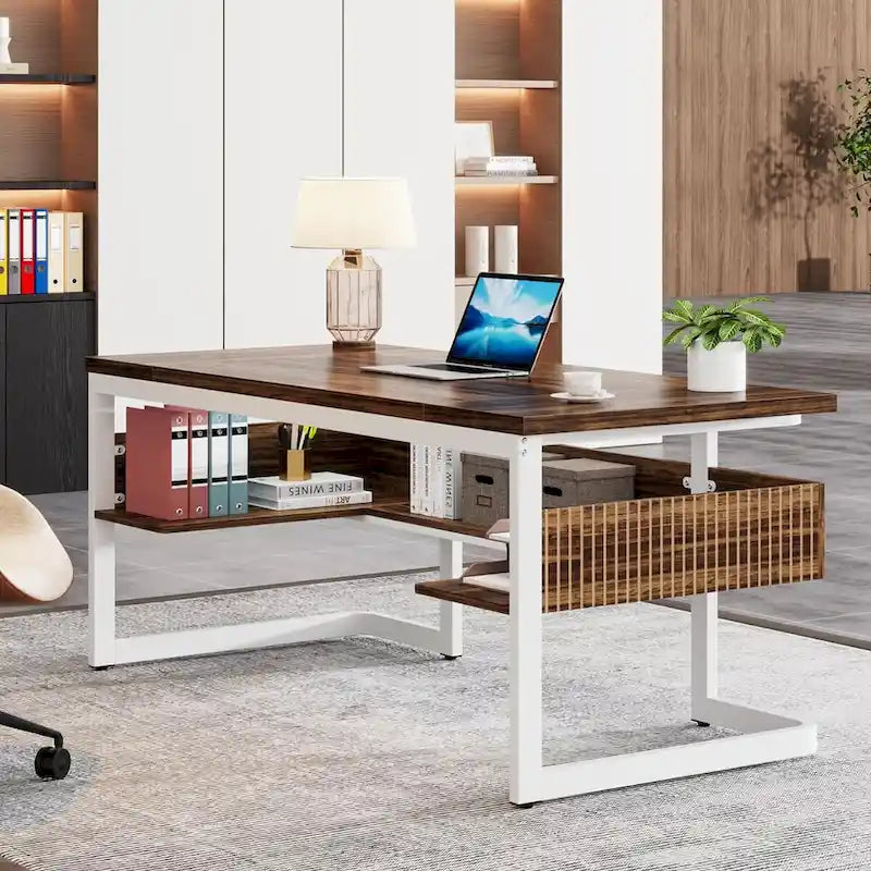 63" Executive Desk with Storage Shelf – Vintage Wood Finish, Scratch-Resistant Home Office Desk