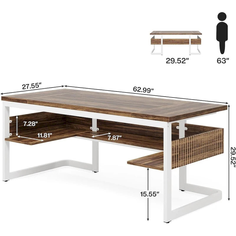 Bureau exécutif de 160 cm avec étagère de rangement – Finition bois vintage, bureau d'ordinateur résistant aux rayures pour bureau à domicile
