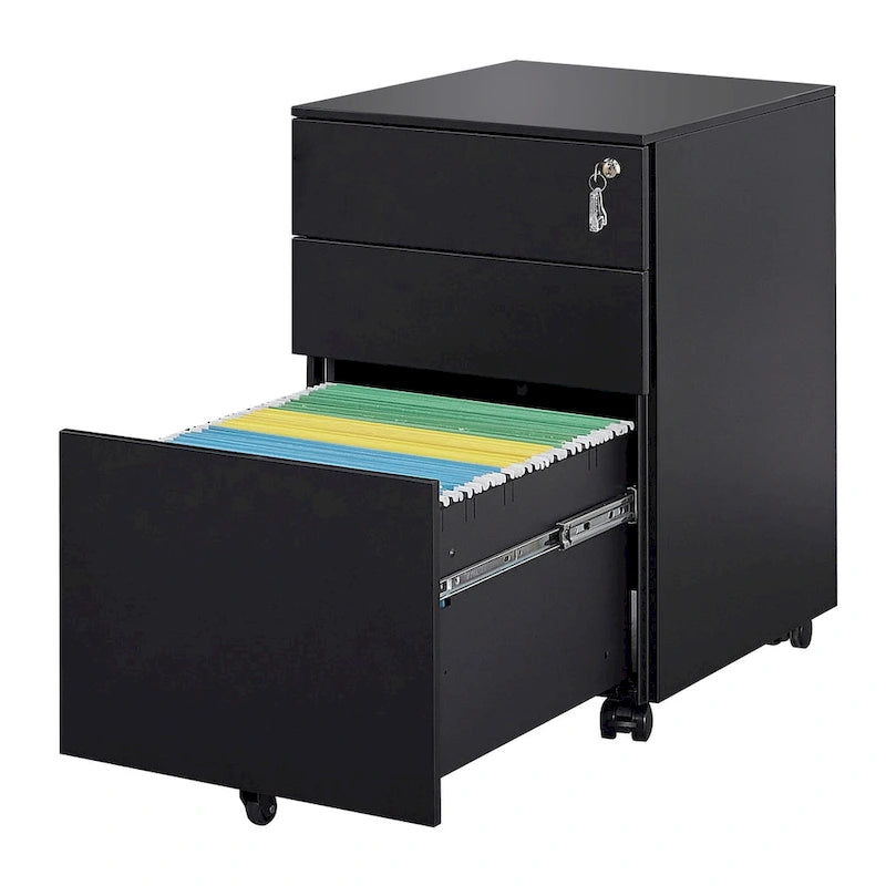3 Drawer Mobile File Cabinet with Lock Steel File Cabinet for Legal/Letter/A4/F4 Size, Fully Assembled Include Wheels
