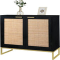Buffet avec étagère en rotin – Noir et or, MDF et pieds en métal (80 cm L x 74,7 cm H)