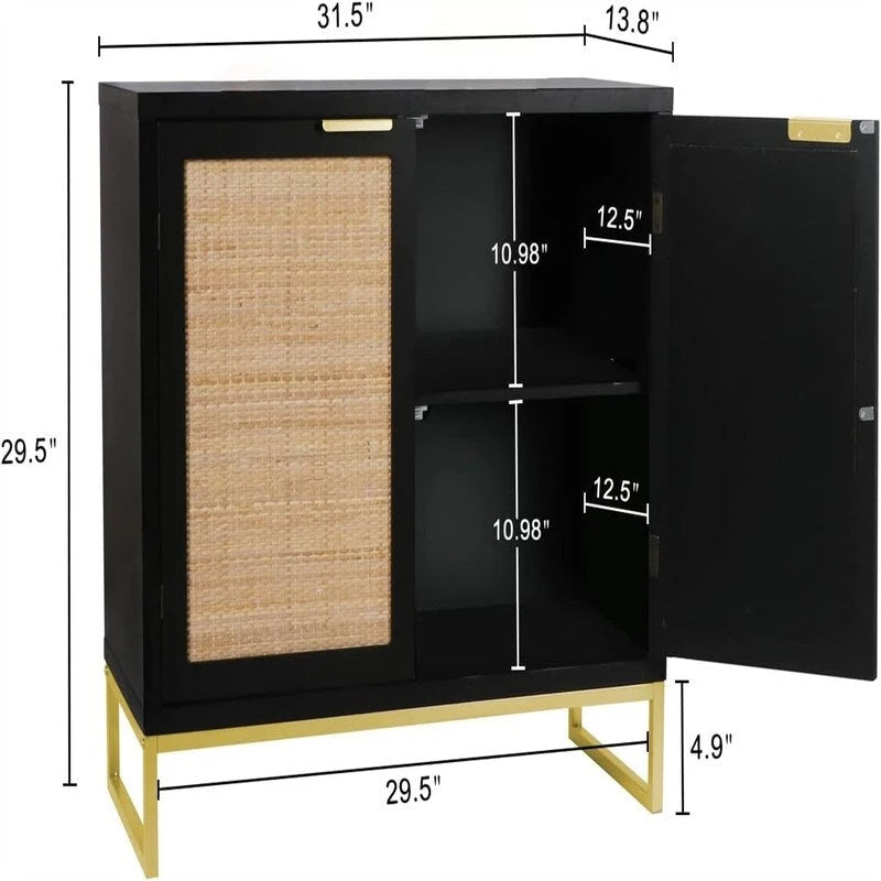 Buffet avec étagère en rotin – Noir et or, MDF et pieds en métal (80 cm L x 74,7 cm H)