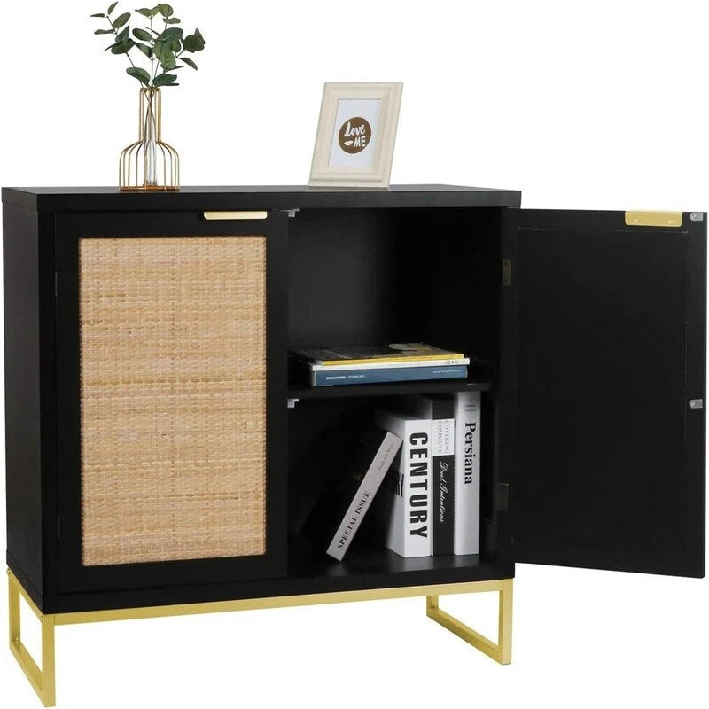 Buffet avec étagère en rotin – Noir et or, MDF et pieds en métal (80 cm L x 74,7 cm H)