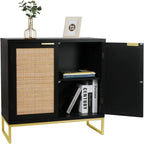 Buffet avec étagère en rotin – Noir et or, MDF et pieds en métal (80 cm L x 74,7 cm H)