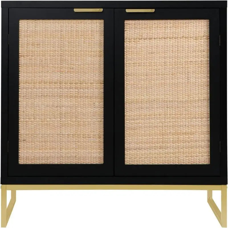 Buffet avec étagère en rotin – Noir et or, MDF et pieds en métal (80 cm L x 74,7 cm H)