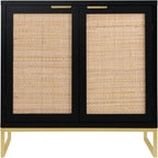 Buffet avec étagère en rotin – Noir et or, MDF et pieds en métal (80 cm L x 74,7 cm H)
