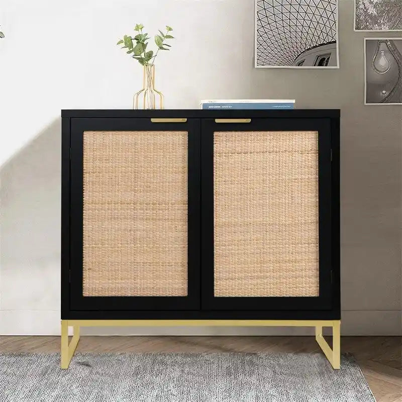 Buffet avec étagère en rotin – Noir et or, MDF et pieds en métal (80 cm L x 74,7 cm H)