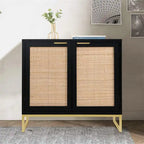 Buffet avec étagère en rotin – Noir et or, MDF et pieds en métal (80 cm L x 74,7 cm H)